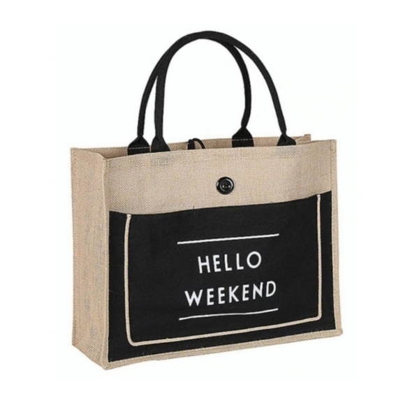NWT "Hello Weekend" Large Black & Burlap Woven Tote - Picture 6 of 6